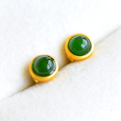 Natural green jade Stud Earrings/Sterling 925-Silver 18KGold-Plated jade Studs/Customize gift box/anniversary gift/Small light bulb earrings - Image 4