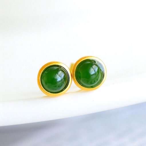 Natural green jade Stud Earrings/Sterling 925-Silver 18KGold-Plated jade Studs/Customize gift box/anniversary gift/Small light bulb earrings