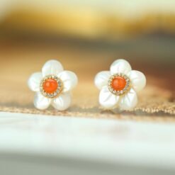 Natural Red Agate Stud Earrings with white pearl/Sterling 925 Silver 18K Gold-Plated agate Studs/Customize gift box/handmade mother's gift