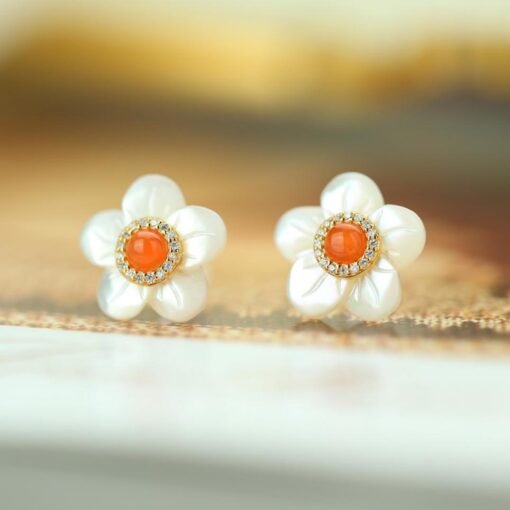 Natural Red Agate Stud Earrings with white pearl/Sterling 925 Silver 18K Gold-Plated agate Studs/Customize gift box/handmade mother's gift