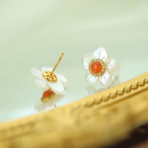 Natural Red Agate Stud Earrings with white pearl/Sterling 925 Silver 18K Gold-Plated agate Studs/Customize gift box/handmade mother's gift - Image 4