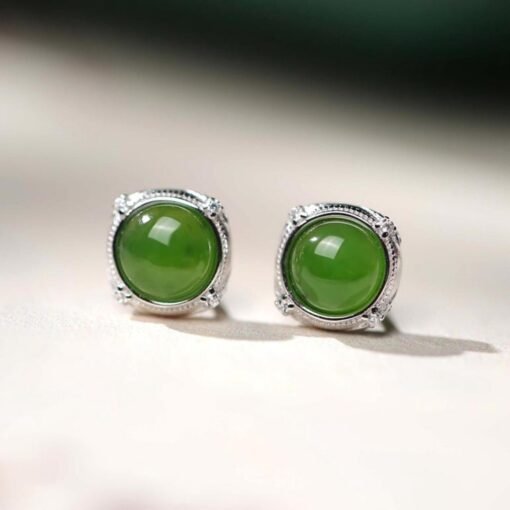 Natural green jade Stud Earrings/Sterling 925-Silver 18KGold-Plated jade Studs/Customize gift box/anniversary gift/ins style earrings - Image 3