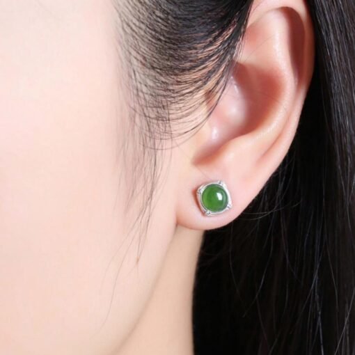 Natural green jade Stud Earrings/Sterling 925-Silver 18KGold-Plated jade Studs/Customize gift box/anniversary gift/ins style earrings - Image 2