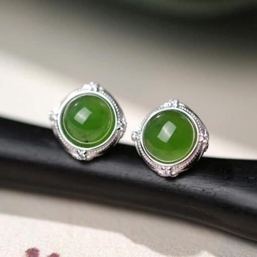 Natural green jade Stud Earrings/Sterling 925-Silver 18KGold-Plated jade Studs/Customize gift box/anniversary gift/ins style earrings - Image 5