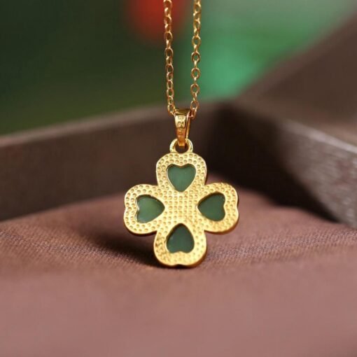 Natural green jade pendant/Sterling 925Silver 18K Gold-Plated heart cut jade pendant/Customize gift box/four-leaf clover pendant silver gift - Image 4