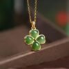 Natural green jade pendant/Sterling 925Silver 18K Gold-Plated heart cut jade pendant/Customize gift box/four-leaf clover pendant silver gift