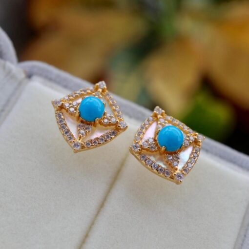 Genuine Turquoise stud Earrings/Sterling 925 Silver 18K Gold-Plated Turquoise studs/Customize gift box/December birthstone gift/French style