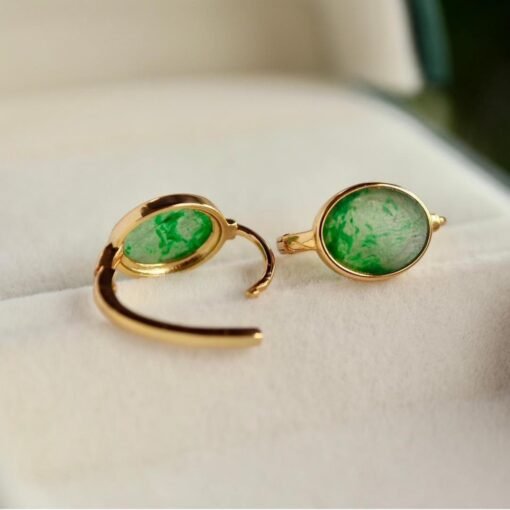 Natural jadeite hoop Earrings /Sterling 925 Silver 18K Gold-Plated green jade hoops/Customize gift box/anniversary gift/retro earrings - Image 4