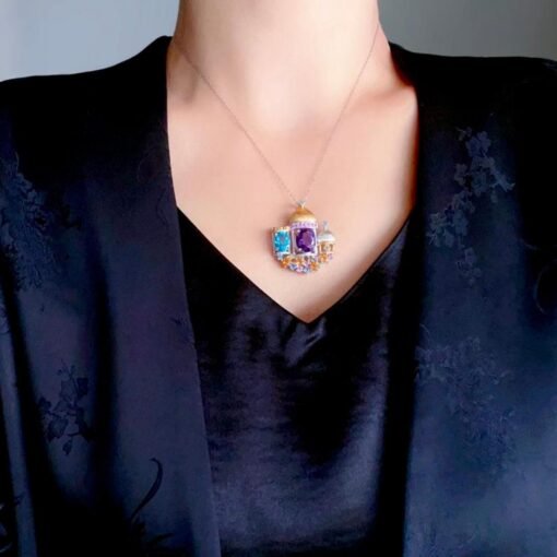 Natural Amethyst topaz pendant/Sterling 925Silver 18k Gold-Plated round Amethyst Castle pendant/Customize gift box/February birthstone gift - Image 2
