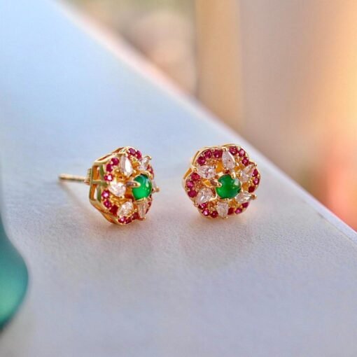 Natural jadeite Stud Earrings /Sterling 925 Silver 18K Gold-Plated green jade Studs/Customize gift box/anniversary gift/flower  earrings - Image 4