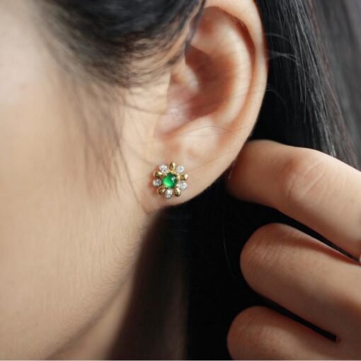 Natural jadeite Stud Earrings /Sterling 925 Silver 18K Gold-Plated green jade Studs/Customize gift box/anniversary gift/Daisy earrings - Image 2