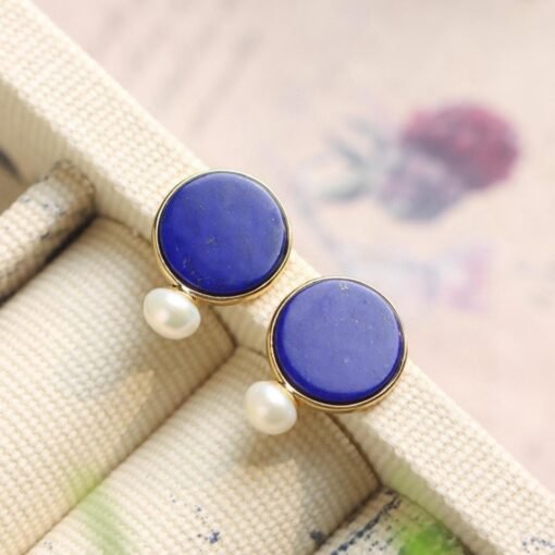 Natural Lapis lazuli stud Earrings/Sterling 925 Silver 18k Gold-Plated Lapis lazuli studs/Customize gift box/anniversary gift/gift for wife - Image 3