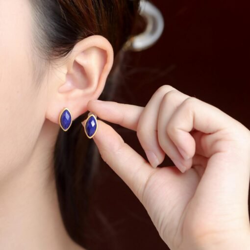Natural Lapis lazuli stud Earrings/Sterling 925 Silver 18kGold-Plated marquise Lapis lazuli studs/Customize gift box/anniversary gift/unique - Image 2