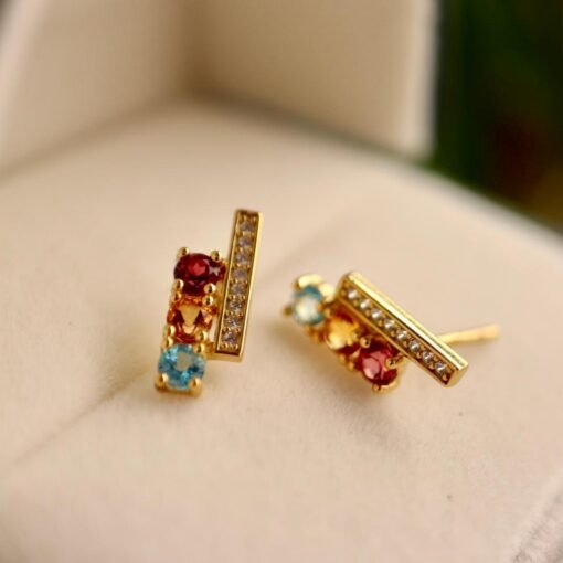 Natural rainbow stone Stud Earrings/Sterling 925Silver 18K Gold-Plated garnet Studs with topaz&citrine/Customize gift box/January birthstone - Image 5