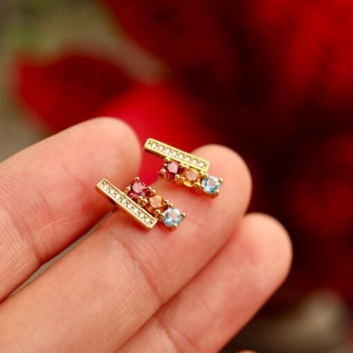 Natural rainbow stone Stud Earrings/Sterling 925Silver 18K Gold-Plated garnet Studs with topaz&citrine/Customize gift box/January birthstone - Image 4