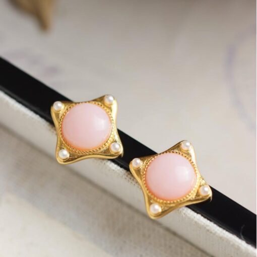 Natural pink Australian shell Stud Earrings/Sterling 925Silver 18KGold-Plated pink shell Studs/Customize gift box/four-pointed star earrings - Image 2