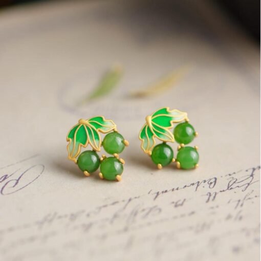 Natural green jade Stud Earrings/Sterling 925 Silver 18K Gold-Plated jade Studs/Customize gift box/anniversary gift/grape shape enamel studs - Image 3