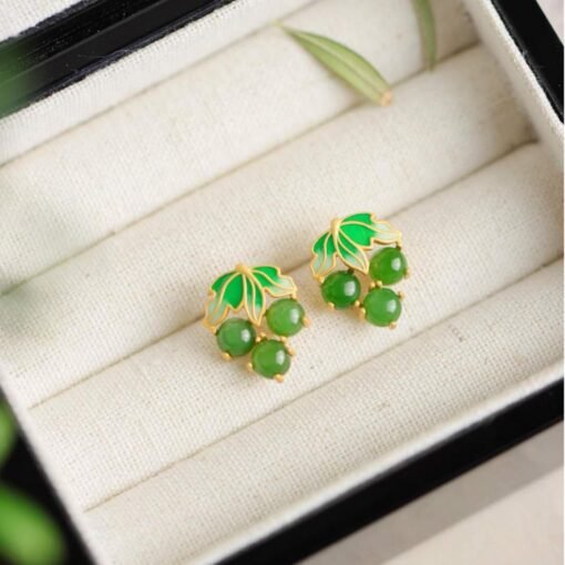 Natural green jade Stud Earrings/Sterling 925 Silver 18K Gold-Plated jade Studs/Customize gift box/anniversary gift/grape shape enamel studs - Image 4