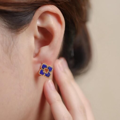 Natural Lapis lazuli Stud Earrings /Sterling 925-Silver Gold-Plated Lapis lazuli Studs/Customize gift box/anniversary gift/Four-leaf clover - Image 2