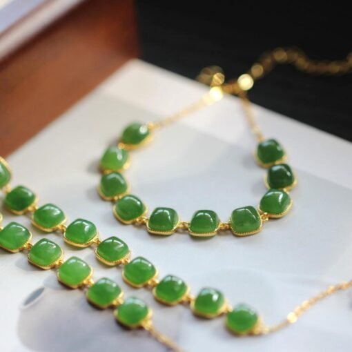 Natural green jade bracelet/Sterling 925Silver 18KGold-Plated round jade  bracelet/Customize gift box/anniversary gift/raw jade bracelet - Image 3