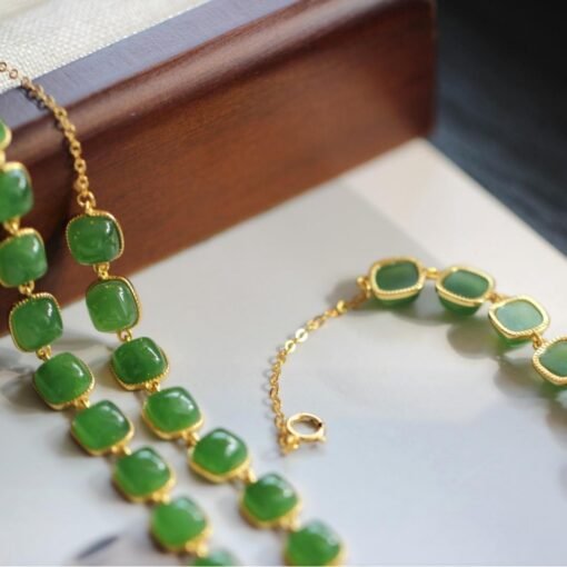 Natural green jade bracelet/Sterling 925Silver 18KGold-Plated round jade  bracelet/Customize gift box/anniversary gift/raw jade bracelet - Image 5