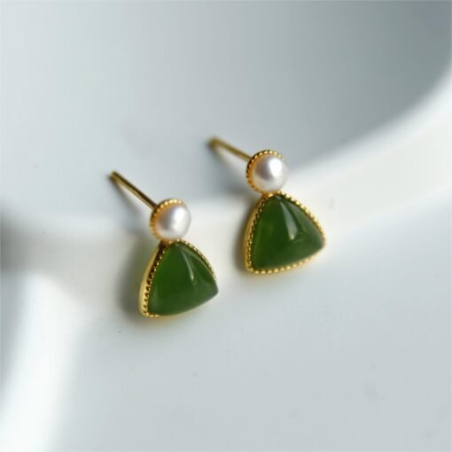 Natural green jade dangle Earrings/Sterling 925-Silver 18KGold-Plated green Nephrite drop/Customize gift box/anniversary gift/triangle studs - Image 5