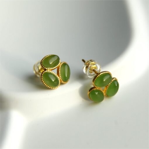 Natural green jade Stud Earrings /Sterling 925-Silver 18KGold-Plated oval jade Studs/Customize gift box/anniversary gift/gift for wife - Image 4