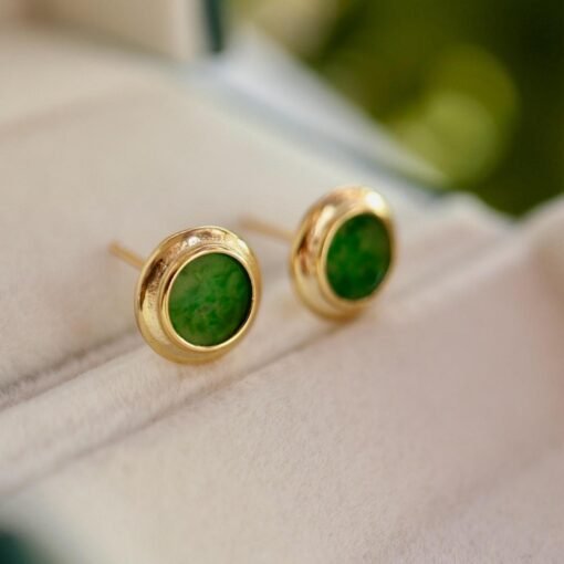 Natural jadeite Stud Earrings /Sterling 925 Silver 18k Gold-Plated green jade Studs/Customize gift box/anniversary gift/classic earrings - Image 2