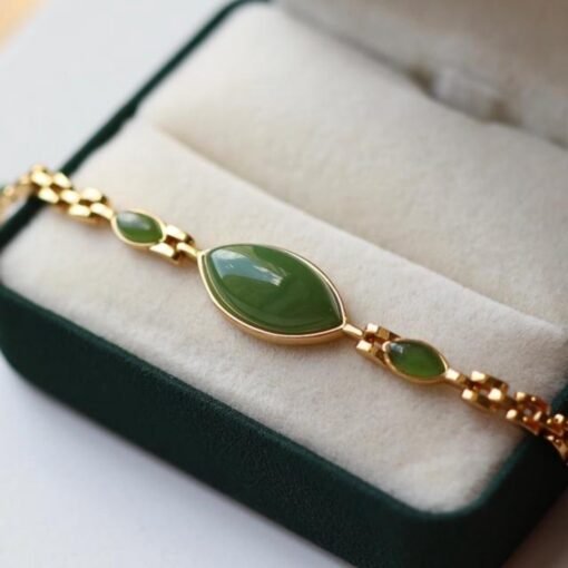 Natural green jade bracelet/Sterling 925Silver 18KGold-Plated marquise jade  bracelet/Customize gift box/anniversary gift/raw jade bracelet - Image 4