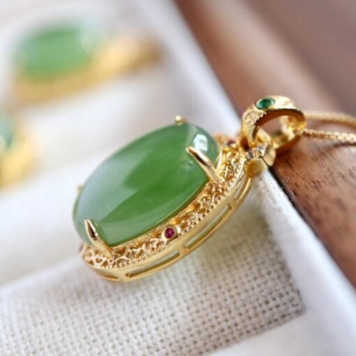 Natural green jade pendant/Sterling 925Silver 18K Gold-Plated oval cut jade pendant/Customize gift box/pendant silver gift/good luck gift - Image 2