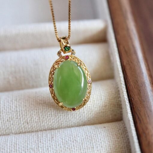 Natural green jade pendant/Sterling 925Silver 18K Gold-Plated oval cut jade pendant/Customize gift box/pendant silver gift/good luck gift - Image 4