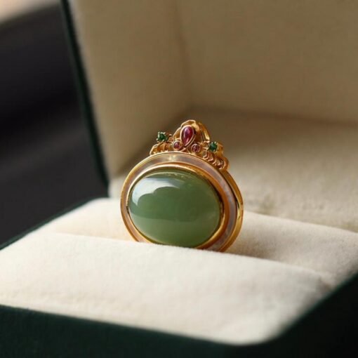 Natural green jade white shell pendant/Sterling 925Silver 18K Gold-Plated oval cut jade pendant/Customize gift box/retro court pendant gift - Image 3