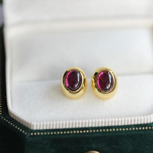 Natural purple garnet Stud Earrings /Sterling 925Silver 18K Gold-Plated oval garnet Studs/Customize gift box/January birthstone gift for her