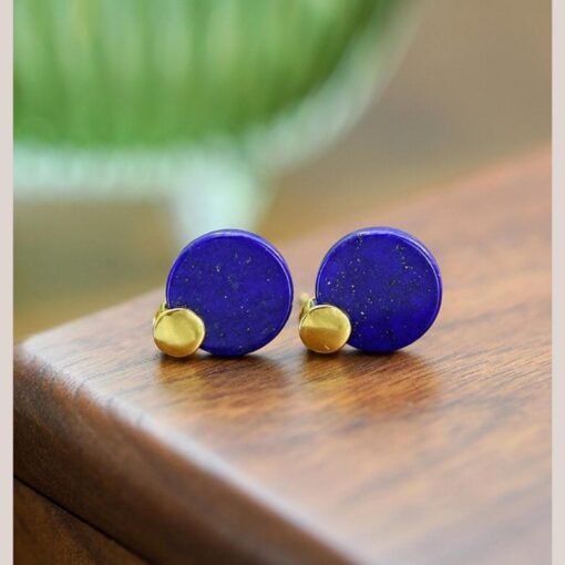 Natural Lapis lazuli Stud Earrings /Sterling 925-Silver Gold-Plated round Lapis lazuli Studs/Customize gift box/anniversary gift/minimalist - Image 3