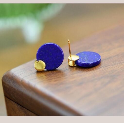 Natural Lapis lazuli Stud Earrings /Sterling 925-Silver Gold-Plated round Lapis lazuli Studs/Customize gift box/anniversary gift/minimalist - Image 5