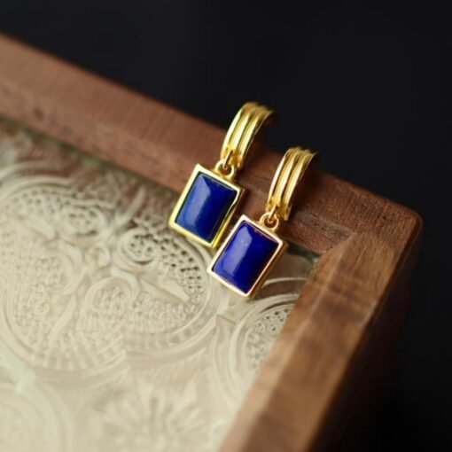 Natural Lapis lazuli dangle Earrings/Sterling 925 Silver 18k Gold-Plated Lapis lazuli drops/Customize gift box/anniversary gift/gift for mum - Image 2