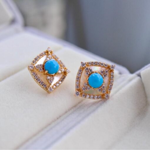 Genuine Turquoise stud Earrings/Sterling 925 Silver 18K Gold-Plated Turquoise studs/Customize gift box/December birthstone gift/French style - Image 3
