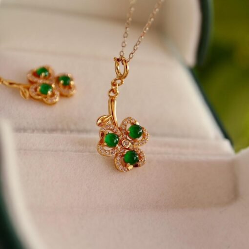Natural green jade pendant/Sterling 925Silver 18KGold-Plated jadeite pendant/Customize gift box/four-leaf clover pendant silver gift for her - Image 3