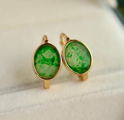 Natural jadeite hoop Earrings /Sterling 925 Silver 18K Gold-Plated green jade hoops/Customize gift box/anniversary gift/retro earrings