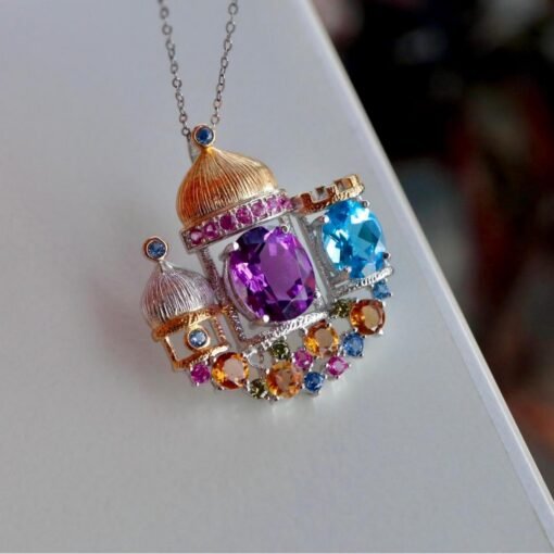 Natural Amethyst topaz pendant/Sterling 925Silver 18k Gold-Plated round Amethyst Castle pendant/Customize gift box/February birthstone gift - Image 5