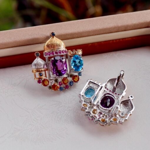 Natural Amethyst topaz pendant/Sterling 925Silver 18k Gold-Plated round Amethyst Castle pendant/Customize gift box/February birthstone gift - Image 4