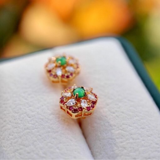 Natural jadeite Stud Earrings /Sterling 925 Silver 18K Gold-Plated green jade Studs/Customize gift box/anniversary gift/flower  earrings - Image 5