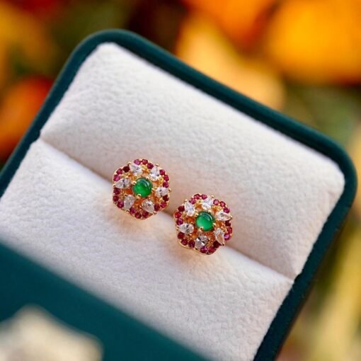 Natural jadeite Stud Earrings /Sterling 925 Silver 18K Gold-Plated green jade Studs/Customize gift box/anniversary gift/flower  earrings - Image 3