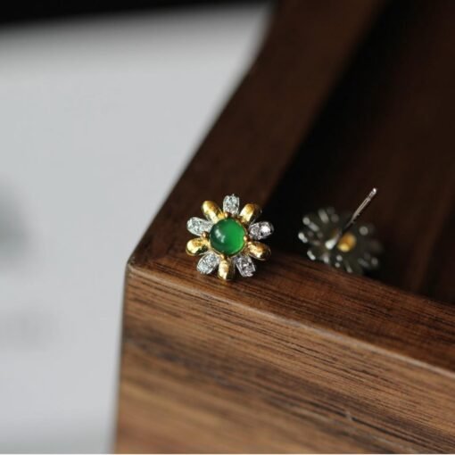 Natural jadeite Stud Earrings /Sterling 925 Silver 18K Gold-Plated green jade Studs/Customize gift box/anniversary gift/Daisy earrings - Image 5