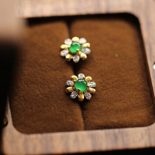 Natural jadeite Stud Earrings /Sterling 925 Silver 18K Gold-Plated green jade Studs/Customize gift box/anniversary gift/Daisy earrings - Image 3