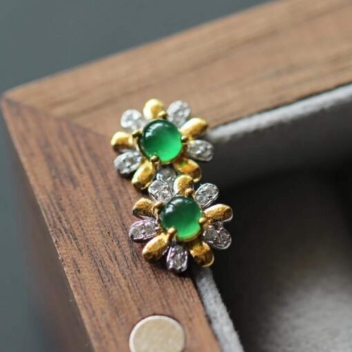 Natural jadeite Stud Earrings /Sterling 925 Silver 18K Gold-Plated green jade Studs/Customize gift box/anniversary gift/Daisy earrings