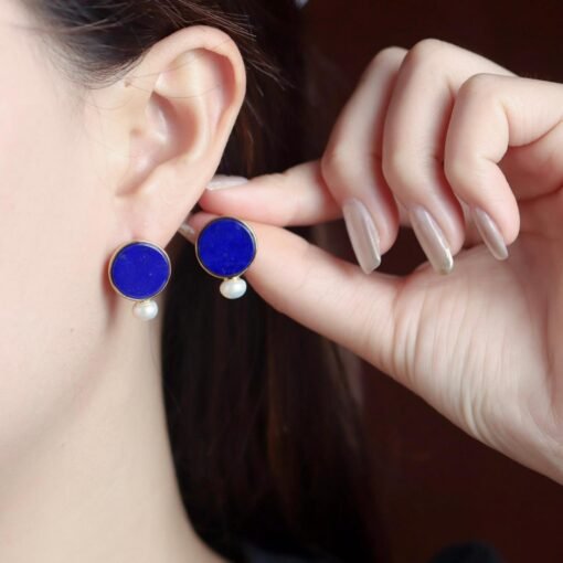 Natural Lapis lazuli stud Earrings/Sterling 925 Silver 18k Gold-Plated Lapis lazuli studs/Customize gift box/anniversary gift/gift for wife - Image 2