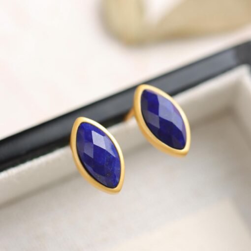 Natural Lapis lazuli stud Earrings/Sterling 925 Silver 18kGold-Plated marquise Lapis lazuli studs/Customize gift box/anniversary gift/unique - Image 3