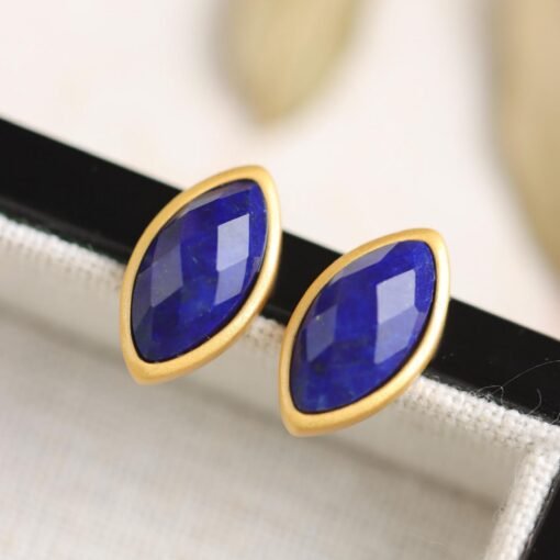 Natural Lapis lazuli stud Earrings/Sterling 925 Silver 18kGold-Plated marquise Lapis lazuli studs/Customize gift box/anniversary gift/unique