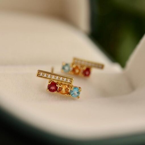 Natural rainbow stone Stud Earrings/Sterling 925Silver 18K Gold-Plated garnet Studs with topaz&citrine/Customize gift box/January birthstone - Image 3